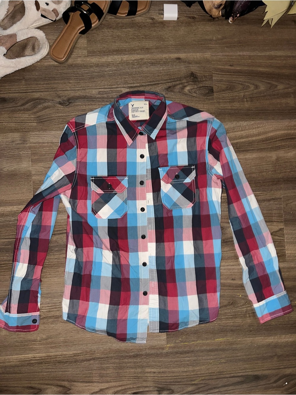 Men's Plaid Button-Down Shirt - Blue & Red - American Eagle Outfitters